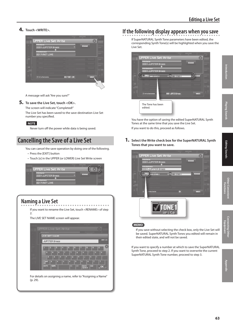 Cancelling the save of a live set, Naming a live set, If the following display appears when you save | Editing a live set | Roland Jupiter 80 User Manual | Page 63 / 108