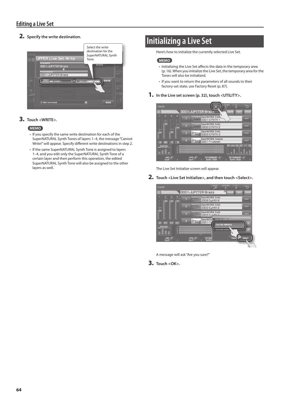 Initializing a live set, Editing a live set | Roland Jupiter 80 User Manual | Page 64 / 108