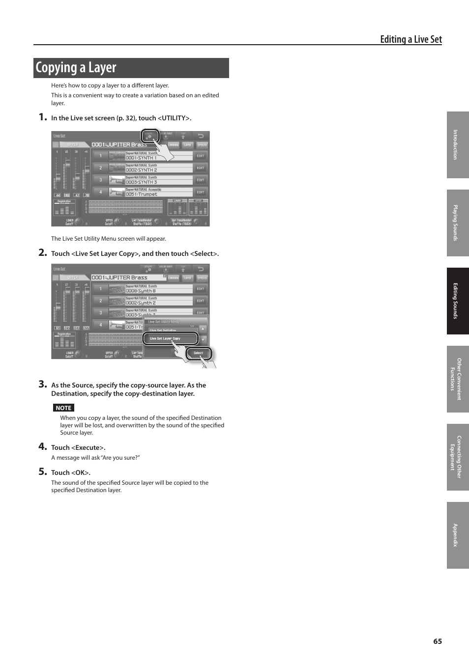 Copying a layer, Editing a live set | Roland Jupiter 80 User Manual | Page 65 / 108