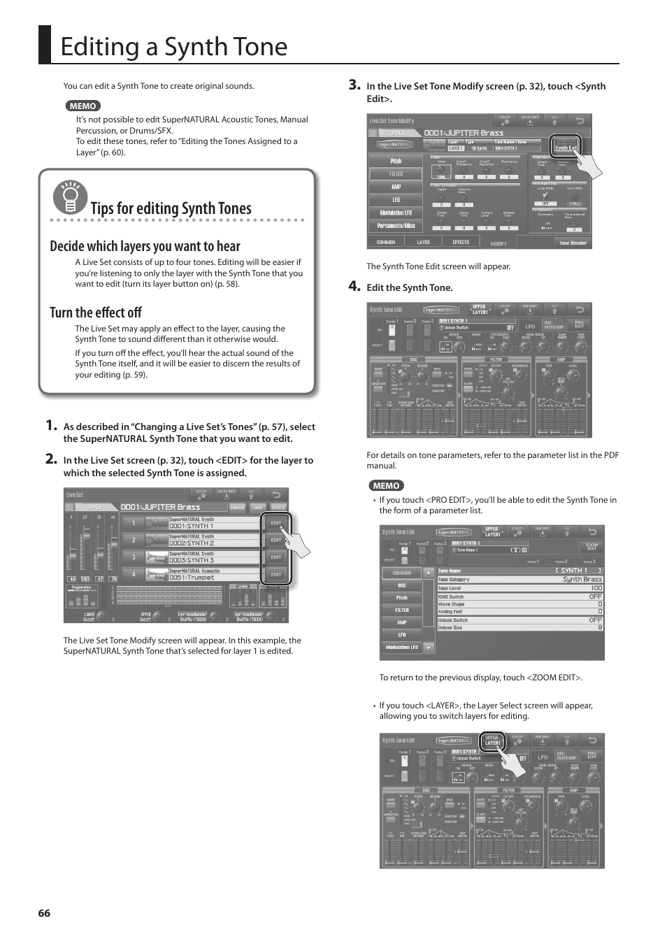 Er (p. 66), P. 66, Editing a synth tone | Tips for editing synth tones, Decide which layers you want to hear, Turn the effect off | Roland Jupiter 80 User Manual | Page 66 / 108