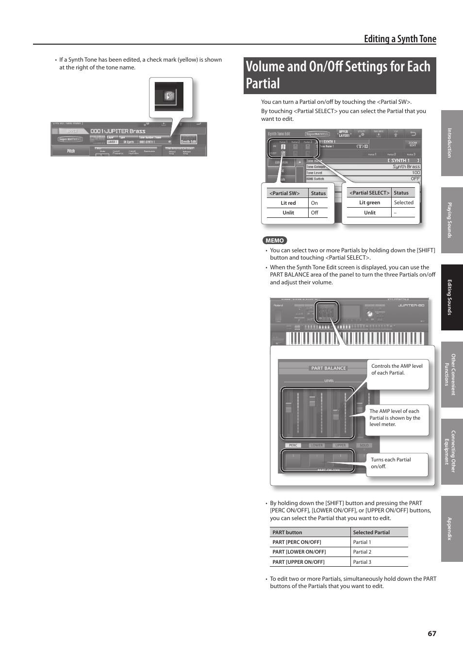 P. 67, Volume and on/off settings for each partial, Editing a synth tone | Roland Jupiter 80 User Manual | Page 67 / 108