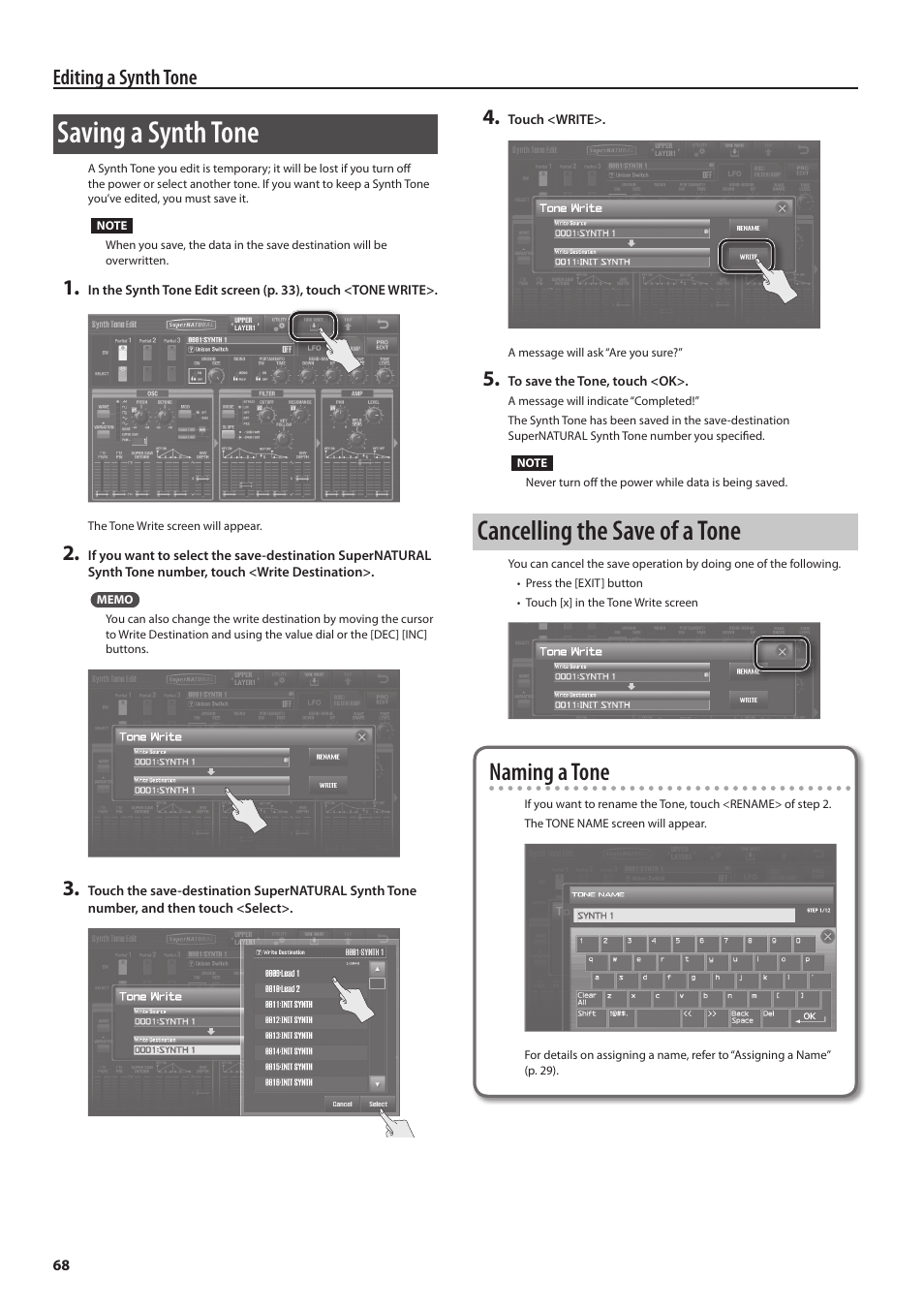 Ed (p. 68), One (p. 68), Saving a synth tone | Cancelling the save of a tone, Naming a tone, Editing a synth tone | Roland Jupiter 80 User Manual | Page 68 / 108