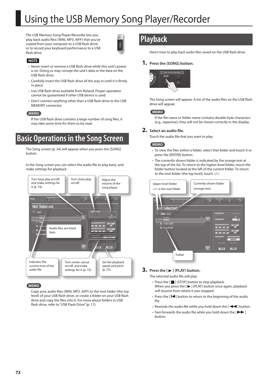 P. 72, Basic operations in the song screen, Playback | Roland Jupiter 80 User Manual | Page 72 / 108