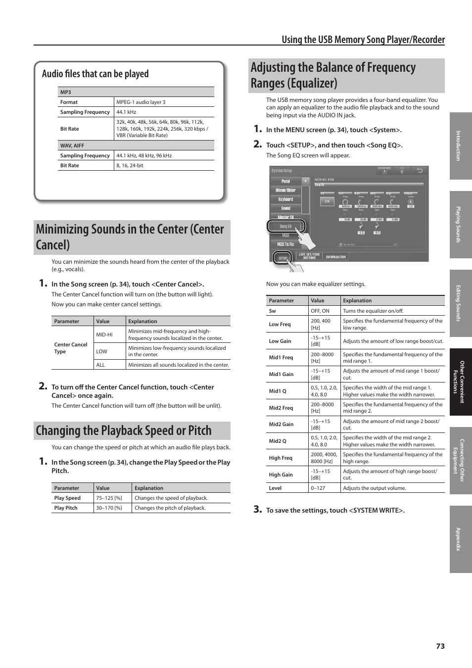 Or it (p. 73), P. 73), Minimizing sounds in the center (center cancel) | Changing the playback speed or pitch, Audio files that can be played | Roland Jupiter 80 User Manual | Page 73 / 108