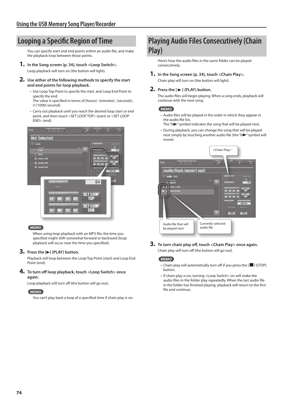 It (p. 74), Looping a specific region of time, Playing audio files consecutively (chain play) | Roland Jupiter 80 User Manual | Page 74 / 108