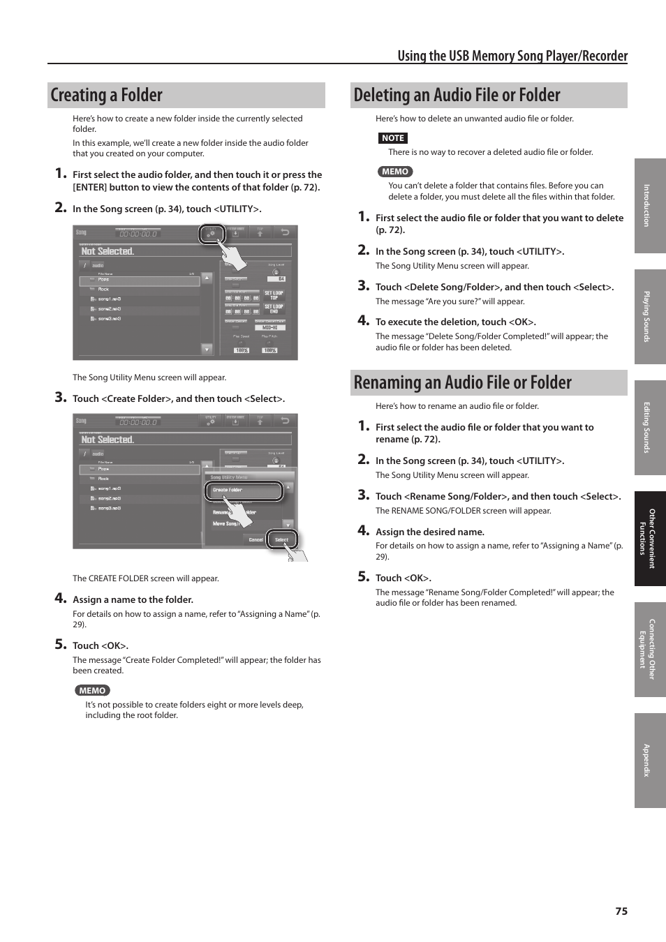 Creating a folder, Deleting an audio file or folder, Renaming an audio file or folder | Roland Jupiter 80 User Manual | Page 75 / 108