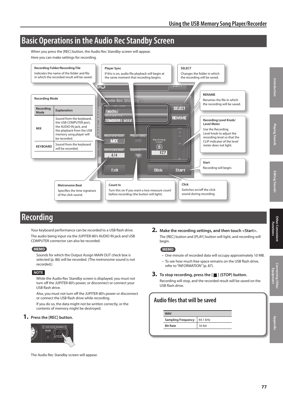 P. 77, Basic operations in the audio rec standby screen, Recording | Audio files that will be saved | Roland Jupiter 80 User Manual | Page 77 / 108