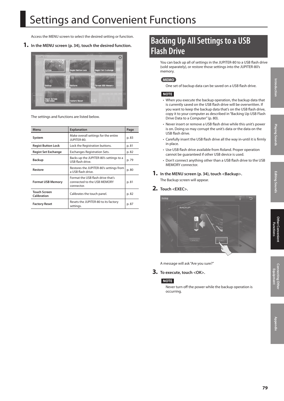 P. 79, Settings and convenient functions, Backing up all settings to a usb flash drive | Roland Jupiter 80 User Manual | Page 79 / 108