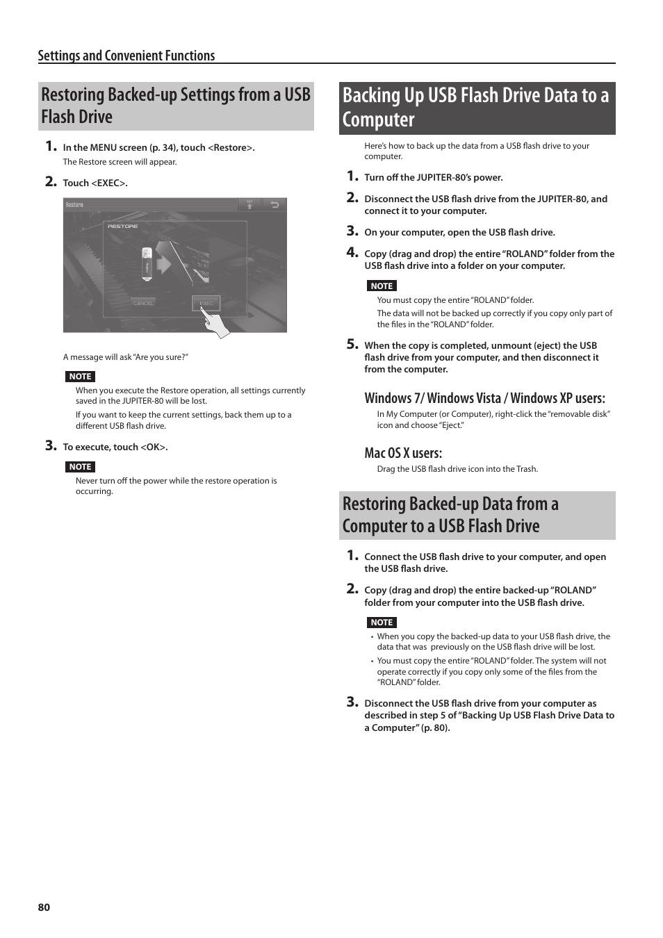 P. 80, Ibed in “backing up usb flash, Drive data to a computer” (p. 80) | Backing up usb flash drive data to a computer, Settings and convenient functions, Windows 7/ windows vista / windows xp users, Mac os x users | Roland Jupiter 80 User Manual | Page 80 / 108