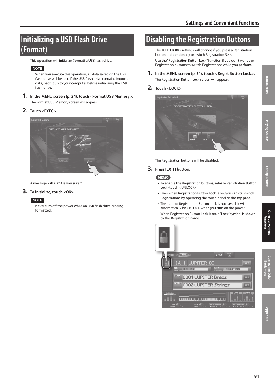 P. 81, Initializing a usb flash drive (format), Disabling the registration buttons | Settings and convenient functions | Roland Jupiter 80 User Manual | Page 81 / 108