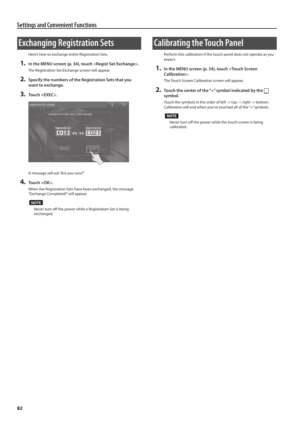 P. 82, Tion (p. 82) t, Exchanging registration sets | Calibrating the touch panel, Settings and convenient functions | Roland Jupiter 80 User Manual | Page 82 / 108