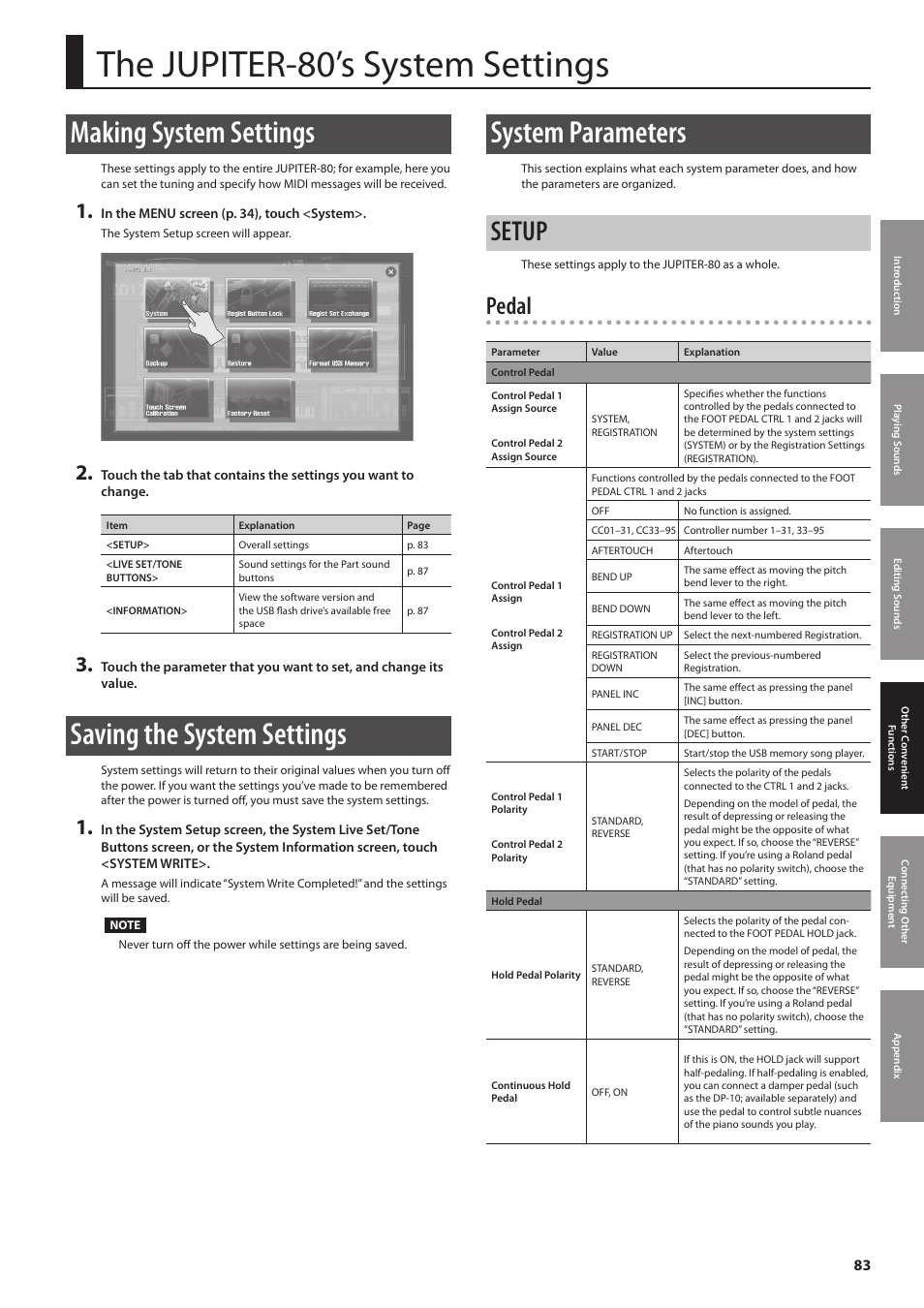 Em settings (p. 83), P. 83, The jupiter-80’s system settings | Making system settings, Saving the system settings, System parameters, Setup, Pedal | Roland Jupiter 80 User Manual | Page 83 / 108