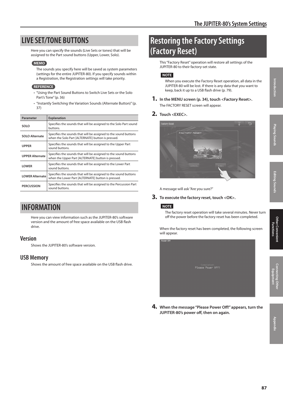 P. 87, Restoring the factory settings (factory reset), Live set/tone buttons | Information, The jupiter-80’s system settings, Version | Roland Jupiter 80 User Manual | Page 87 / 108