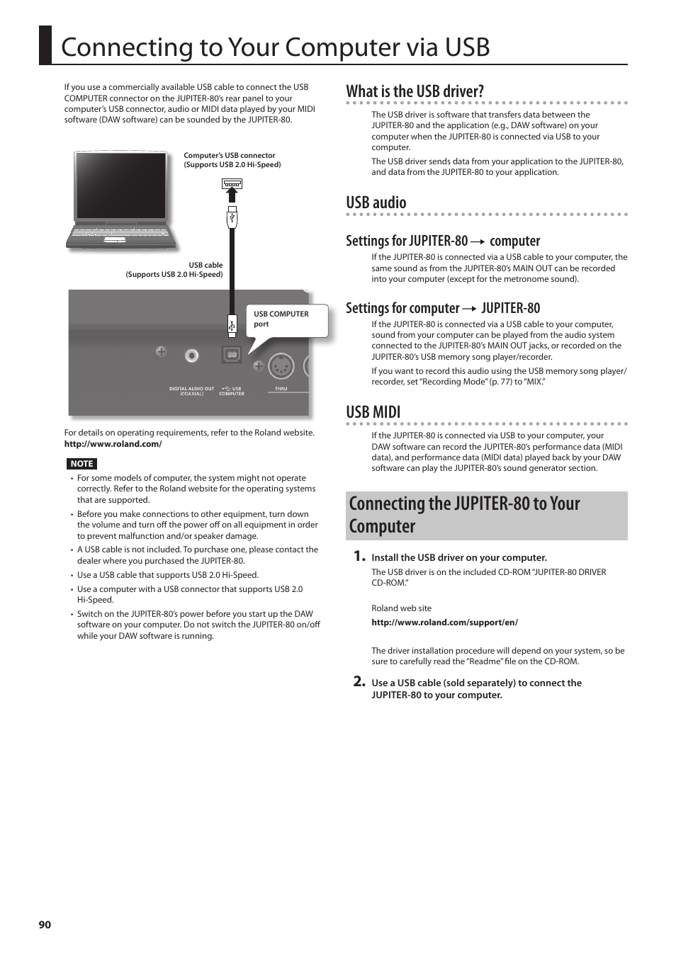 P. 90), Connecting to your computer via usb, Connecting the jupiter-80 to your computer | What is the usb driver, Usb audio, Usb midi, Settings for jupiter-80 computer, Settings for computer jupiter-80 | Roland Jupiter 80 User Manual | Page 90 / 108