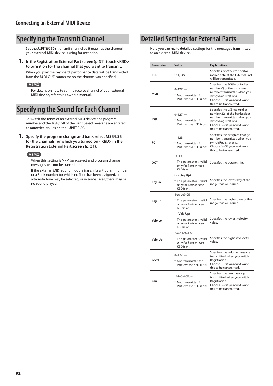 Specifying the transmit channel, Specifying the sound for each channel, Detailed settings for external parts | Connecting an external midi device | Roland Jupiter 80 User Manual | Page 92 / 108