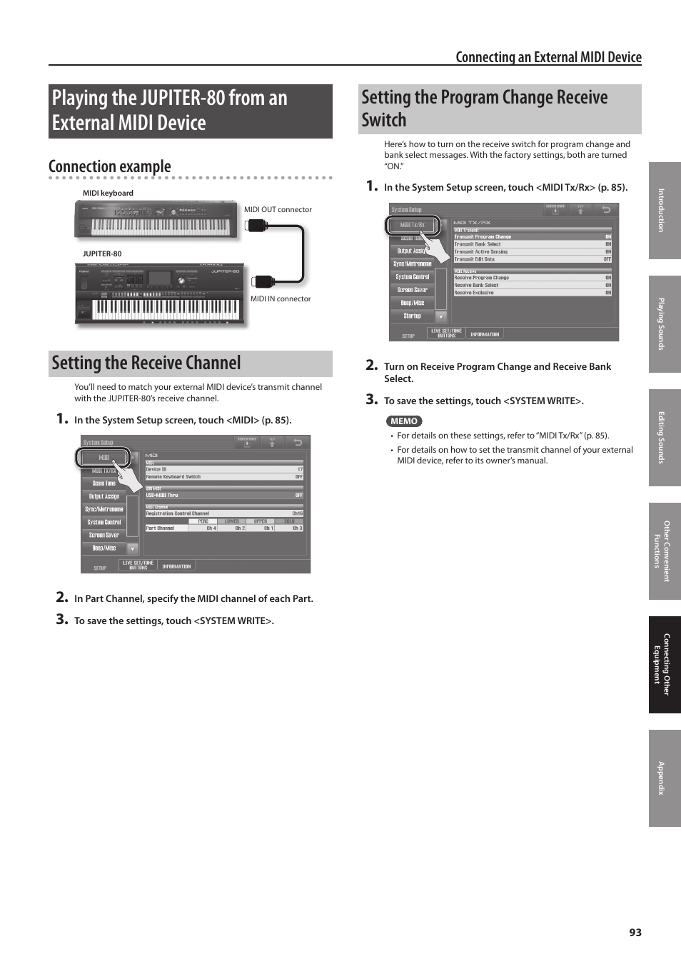 Setting the receive channel, Setting the program change receive switch, Connection example | Connecting an external midi device | Roland Jupiter 80 User Manual | Page 93 / 108