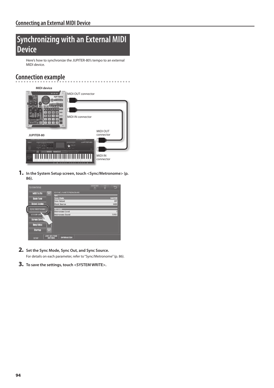 Synchronizing with an external midi device, Connection example, Connecting an external midi device | Roland Jupiter 80 User Manual | Page 94 / 108