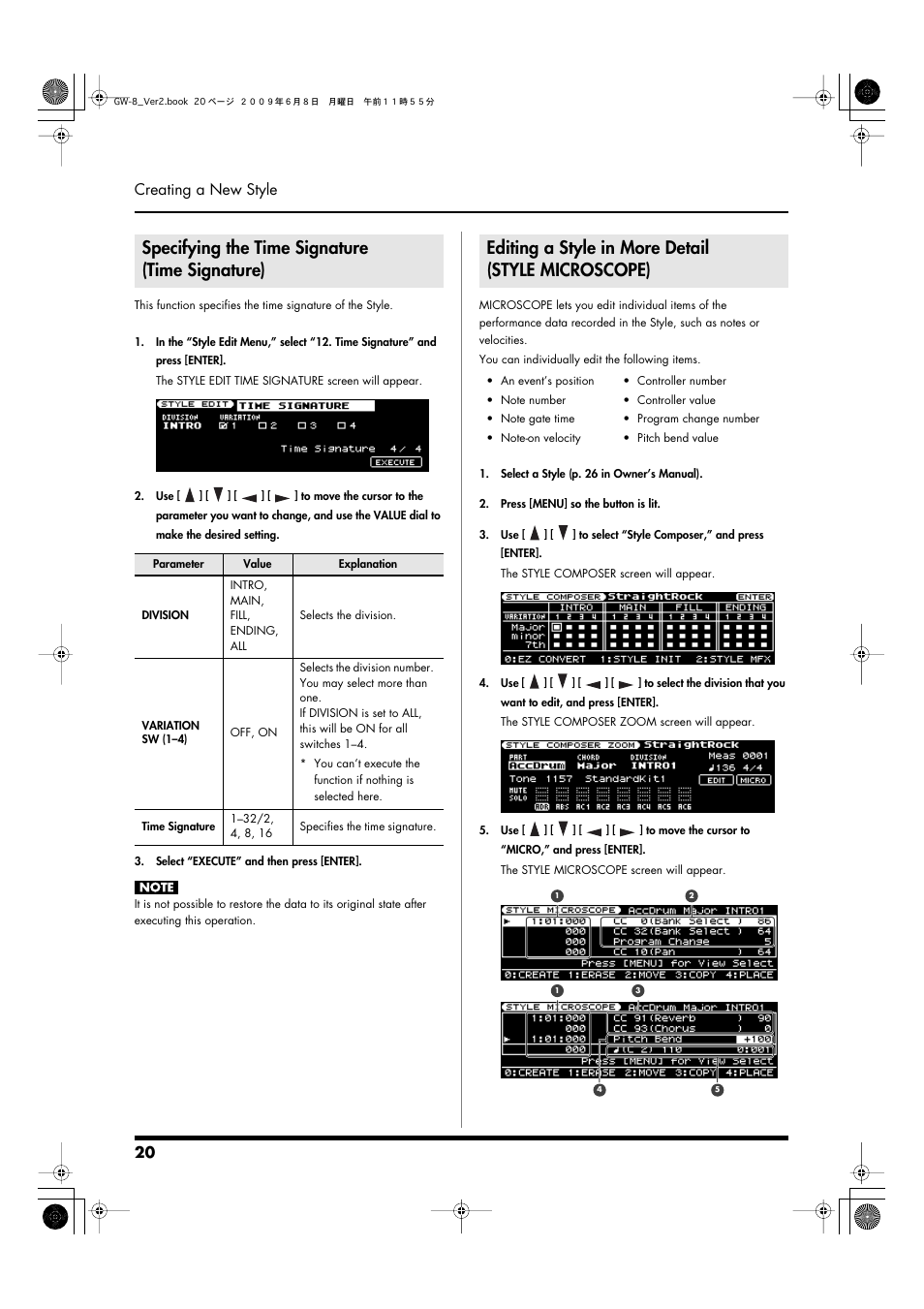 Specifying the time signature (time signature), Editing a style in more detail (style microscope), 20 creating a new style | Roland WORKSTATION GW-8 User Manual | Page 20 / 48