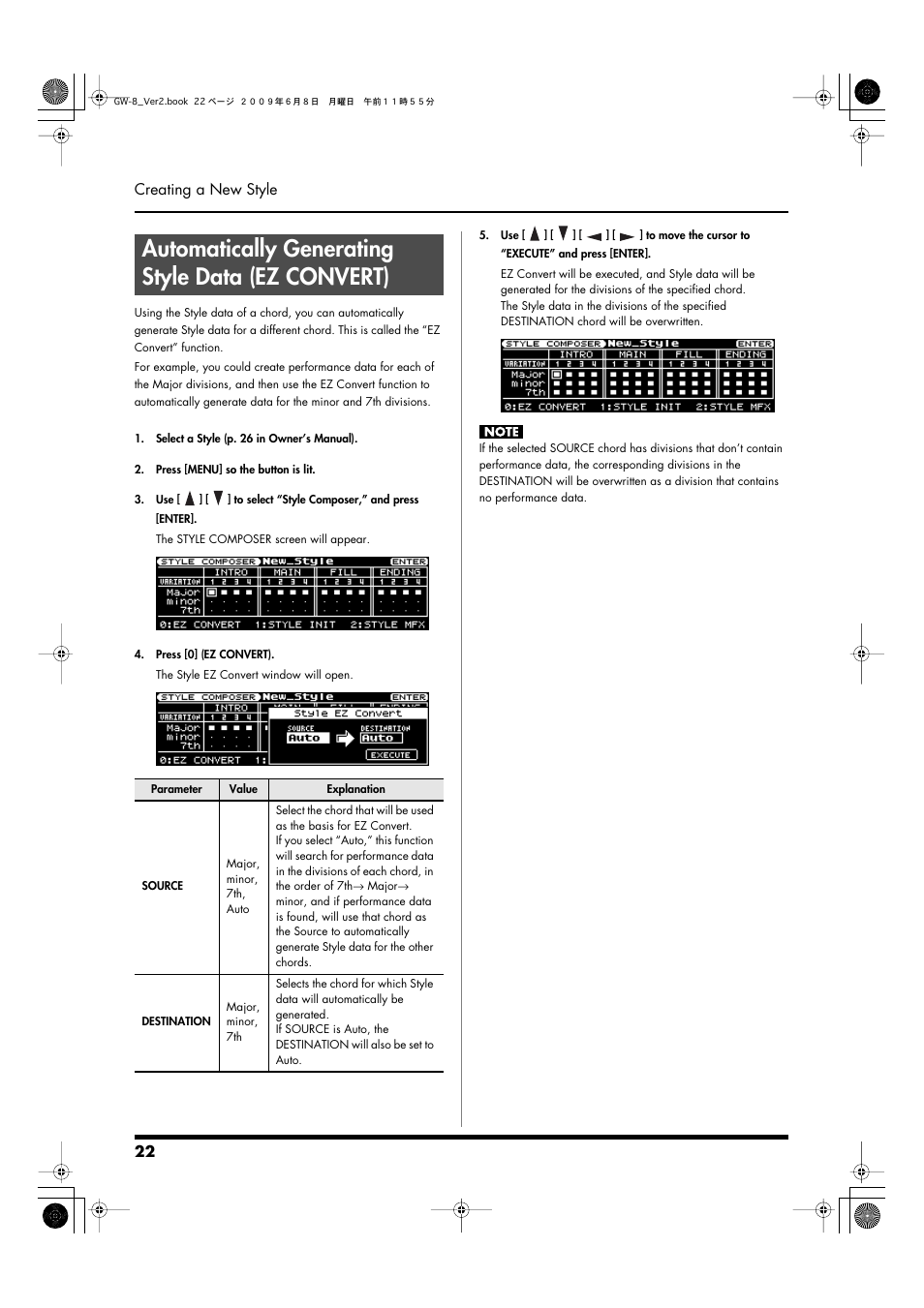 Automatically generating style data (ez convert) | Roland WORKSTATION GW-8 User Manual | Page 22 / 48