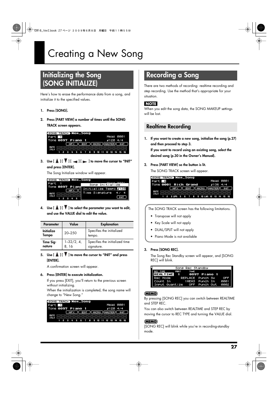 Creating a new song, Initializing the song (song initialize), Recording a song | Realtime recording, Init: song initialize screen (p. 27) | Roland WORKSTATION GW-8 User Manual | Page 27 / 48