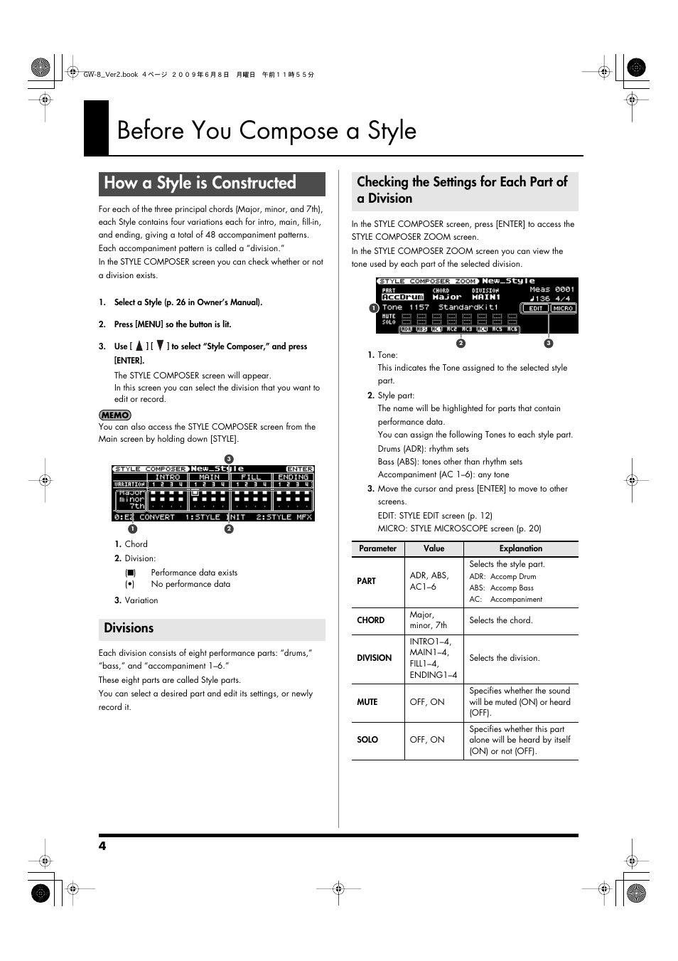 Before you compose a style, How a style is constructed, Divisions | Checking the settings for each part of a division | Roland WORKSTATION GW-8 User Manual | Page 4 / 48