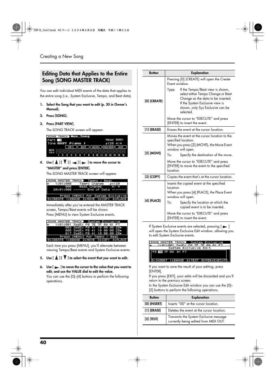 Master: song master track screen (p. 40), 40 creating a new song | Roland WORKSTATION GW-8 User Manual | Page 40 / 48