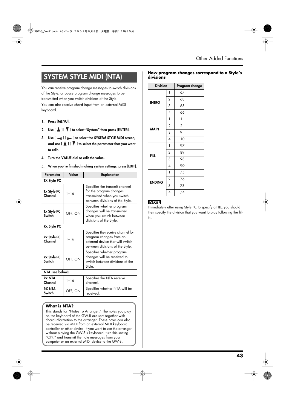 System style midi (nta), 43 other added functions | Roland WORKSTATION GW-8 User Manual | Page 43 / 48
