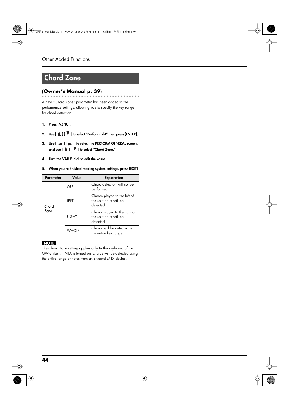 Chord zone | Roland WORKSTATION GW-8 User Manual | Page 44 / 48