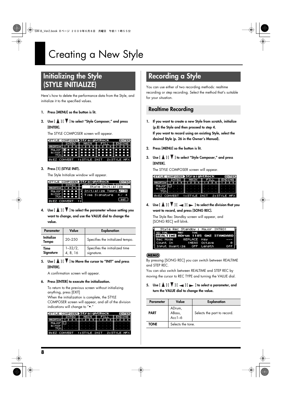 Creating a new style, Initializing the style (style initialize), Recording a style | Realtime recording | Roland WORKSTATION GW-8 User Manual | Page 8 / 48