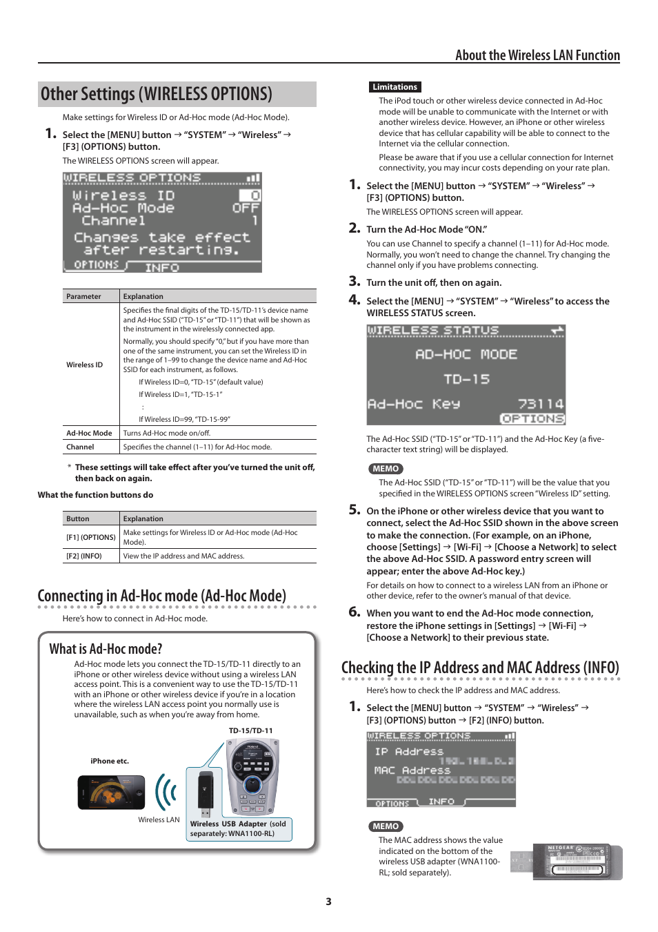 D-hoc mode (p. 3), O “connecting in ad-hoc mode, Ad-hoc mode)” (p. 3) | Ode) (p. 3), Other settings (wireless options), Connecting in ad-hoc mode (ad-hoc mode), Checking the ip address and mac address (info), About the wireless lan function, What is ad-hoc mode | Roland Wireless LAN Function TD-15 User Manual | Page 3 / 4