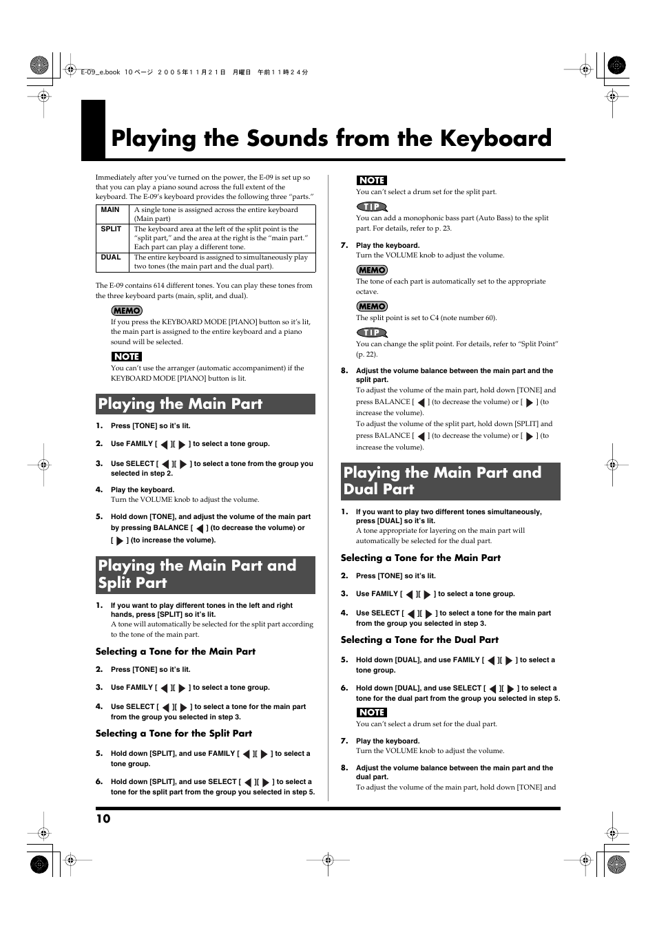 Playing the sounds from the keyboard, Playing the main part, Playing the main part and split part | Playing the main part and dual part, Effects. (p. 10), Selects tones. (p. 10), Lets you play two tones simultaneously. (p. 10) | Roland E-09 User Manual | Page 10 / 52