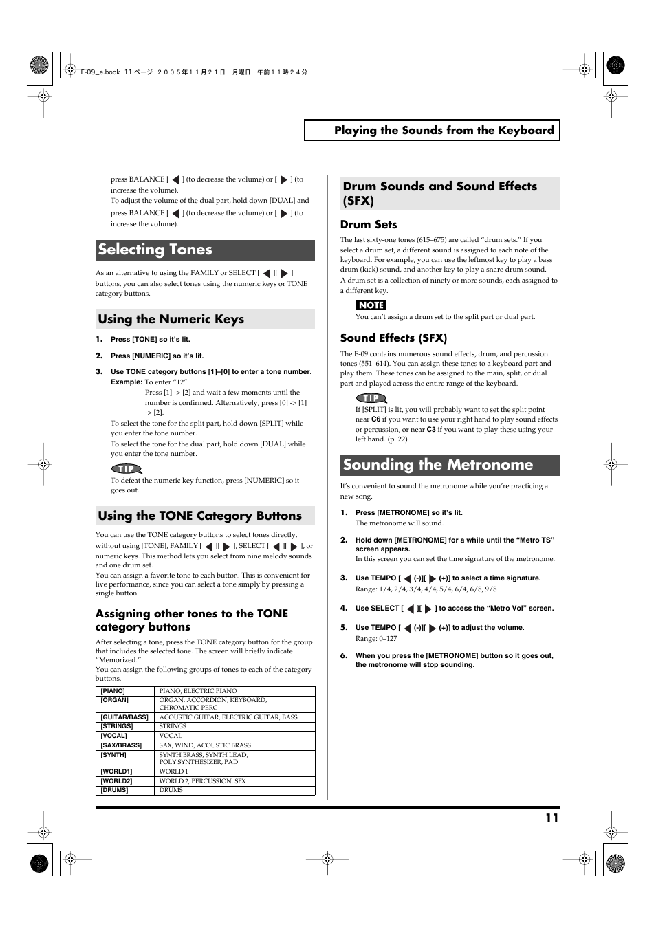 Selecting tones, Using the numeric keys, Using the tone category buttons | Drum sounds and sound effects (sfx), Sounding the metronome, Numeric buttons. (p. 11), 11 playing the sounds from the keyboard, Assigning other tones to the tone category buttons, Drum sets, Sound effects (sfx) | Roland E-09 User Manual | Page 11 / 52