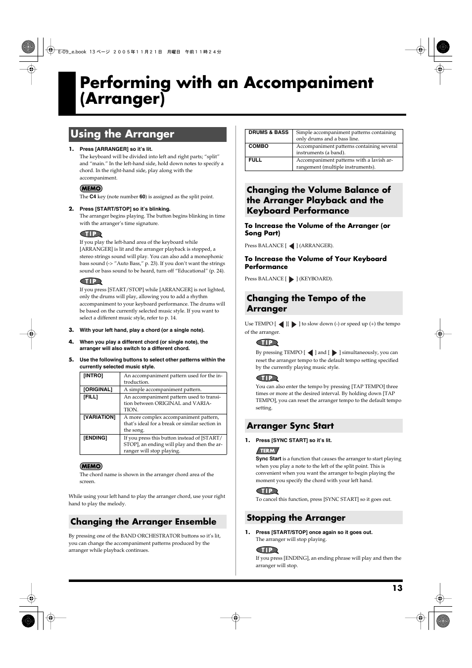 Performing with an accompaniment (arranger), Using the arranger, Changing the arranger ensemble | Changing the tempo of the arranger, Arranger sync start, Stopping the arranger, Keyboard. (p. 13), Function. (p. 13, p. 21) | Roland E-09 User Manual | Page 13 / 52