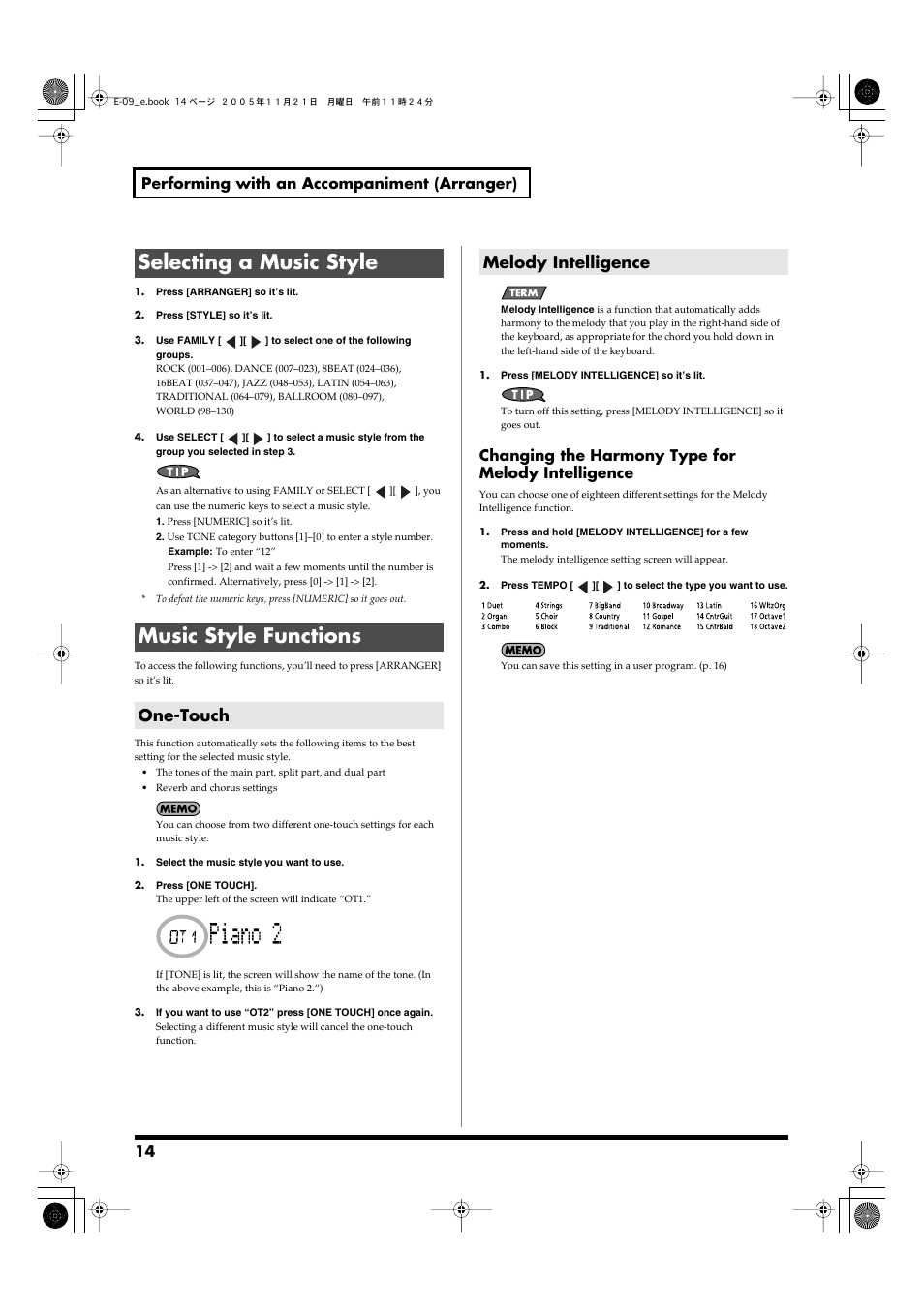 Selecting a music style, Music style functions, One-touch | Melody intelligence, Selecting a music style music style functions, One-touch melody intelligence, Appropriate for the selected music style. (p. 14), Selects music styles. (p. 14), Appear. (p. 14), 14 performing with an accompaniment (arranger) | Roland E-09 User Manual | Page 14 / 52