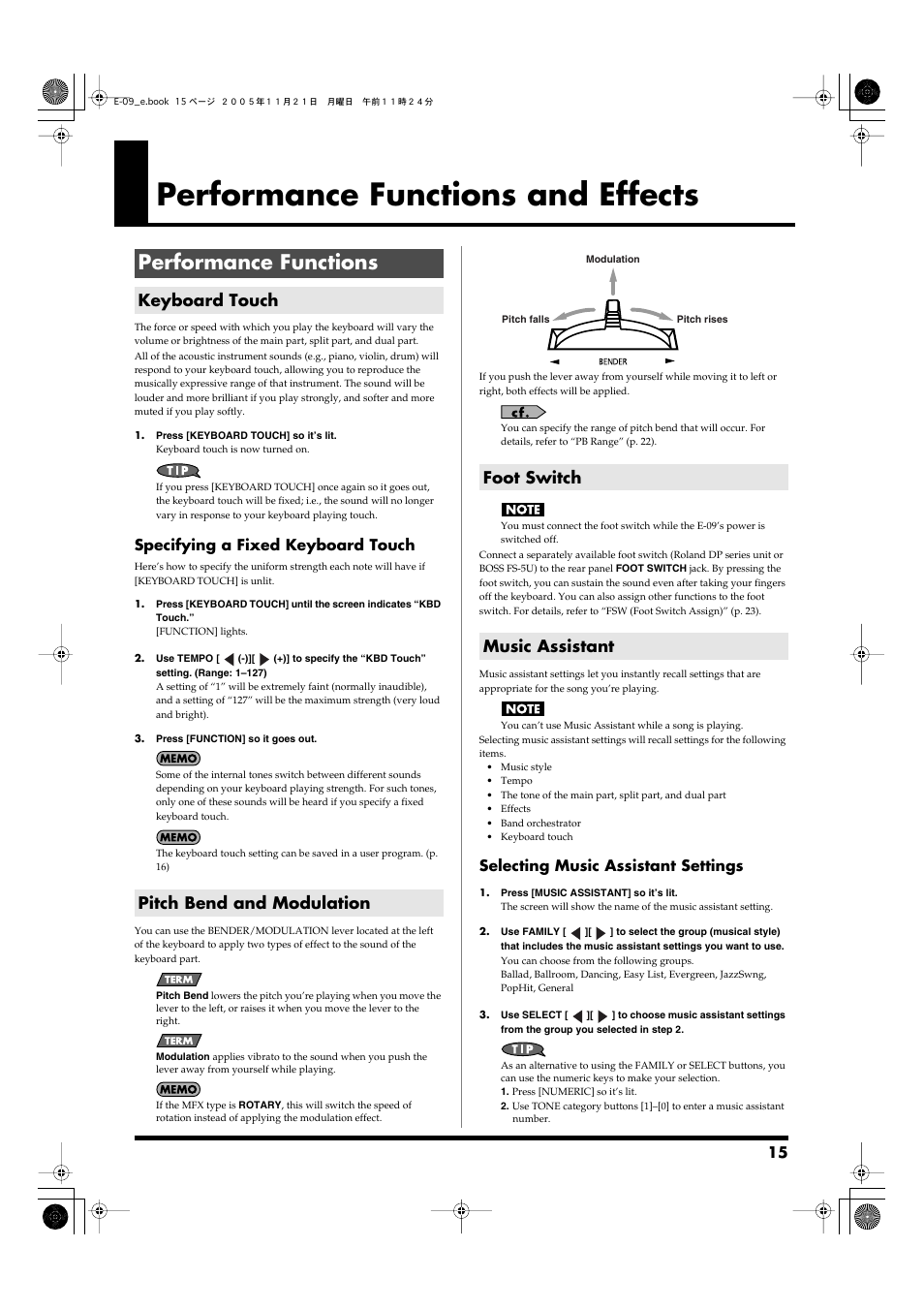 Performance functions and effects, Performance functions, Keyboard touch | Pitch bend and modulation, Foot switch, Music assistant, Settings. (p. 15), Normally vibrato) to the sound. (p. 15), Selects music assistants. (p. 15), Specify). (p. 15) | Roland E-09 User Manual | Page 15 / 52