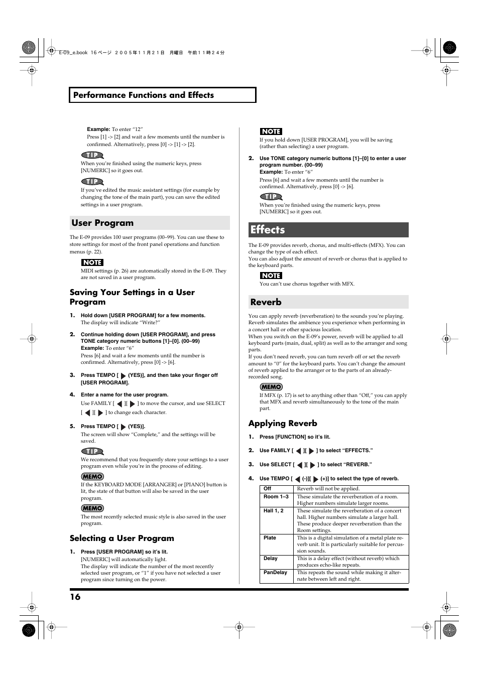 User program, Effects, Reverb | Selects user programs. (p. 16), 16 performance functions and effects, Saving your settings in a user program, Selecting a user program, Applying reverb | Roland E-09 User Manual | Page 16 / 52