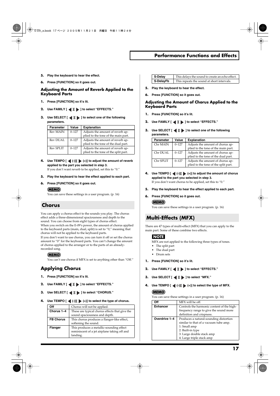 Chorus, Multi-effects (mfx), Chorus multi-effects (mfx) | 17 performance functions and effects, Applying chorus | Roland E-09 User Manual | Page 17 / 52