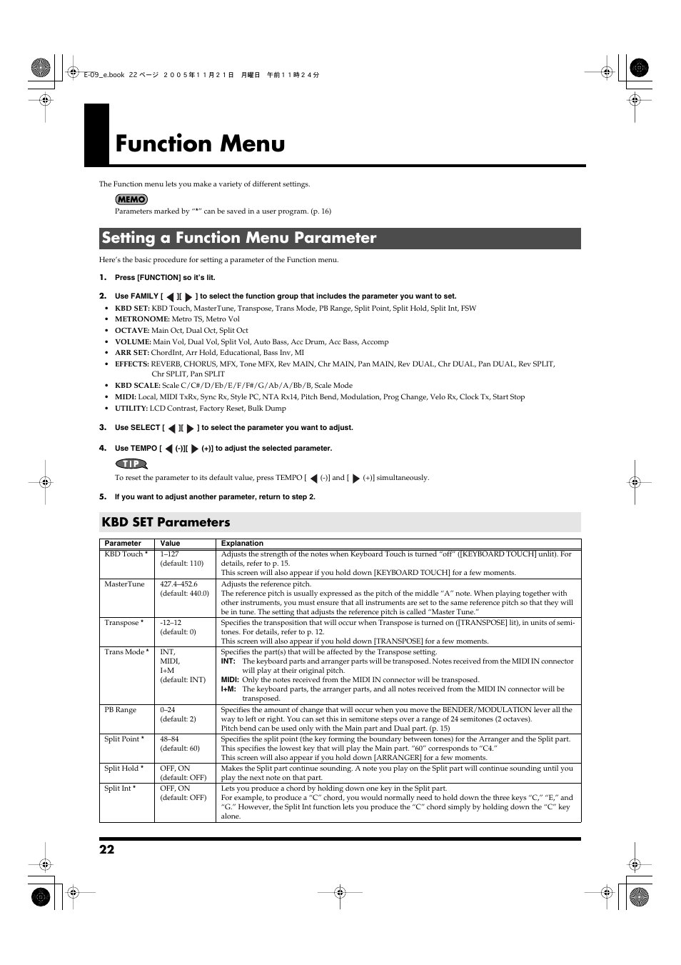 Function menu, Setting a function menu parameter, Kbd set parameters | Roland E-09 User Manual | Page 22 / 52
