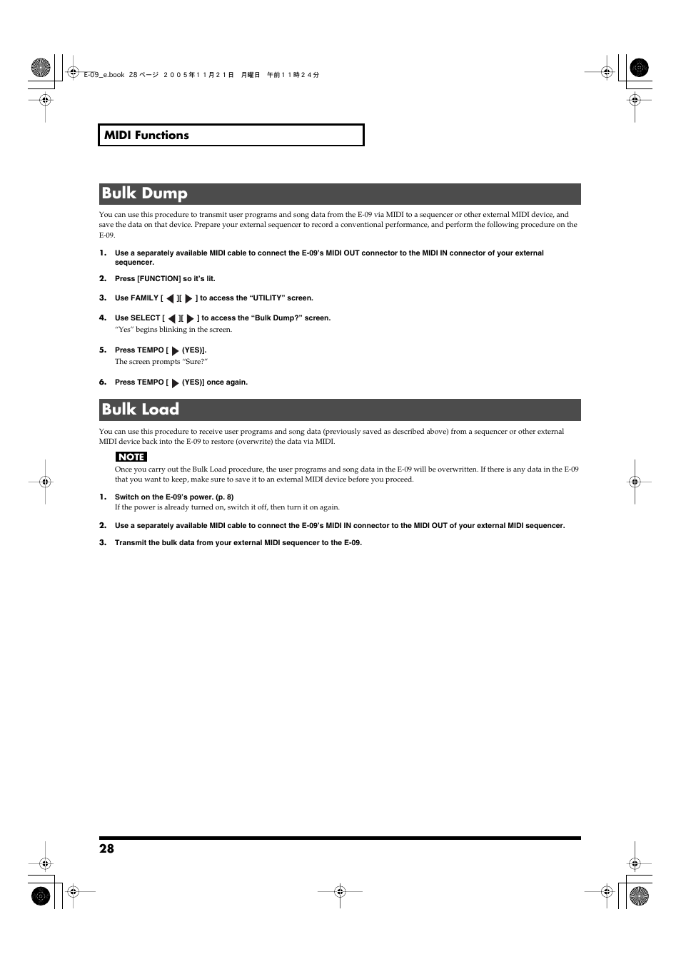 Bulk dump, Bulk load, Bulk dump bulk load | 28 midi functions | Roland E-09 User Manual | Page 28 / 52