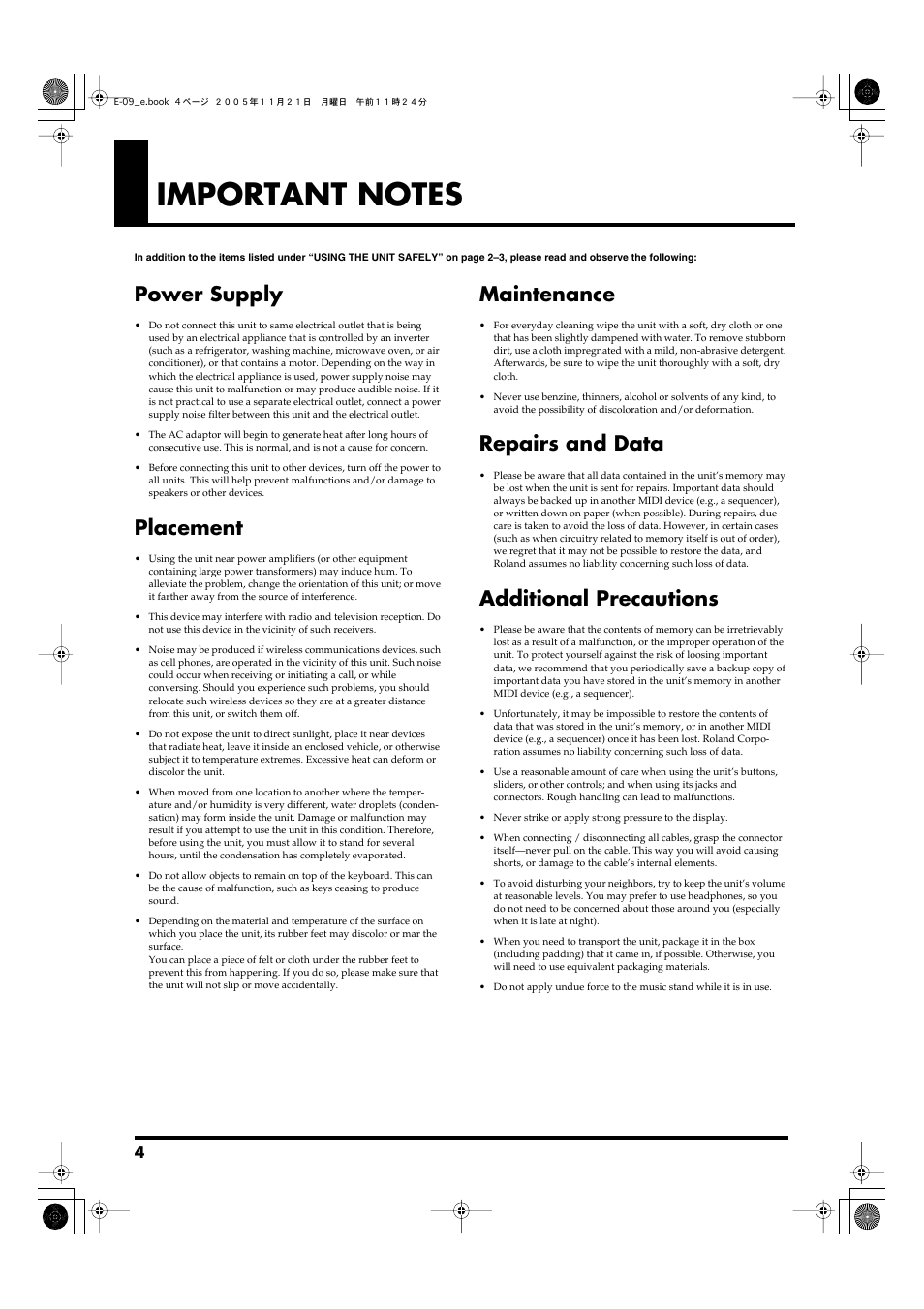 Important notes, Power supply, Placement | Maintenance, Repairs and data, Additional precautions | Roland E-09 User Manual | Page 4 / 52