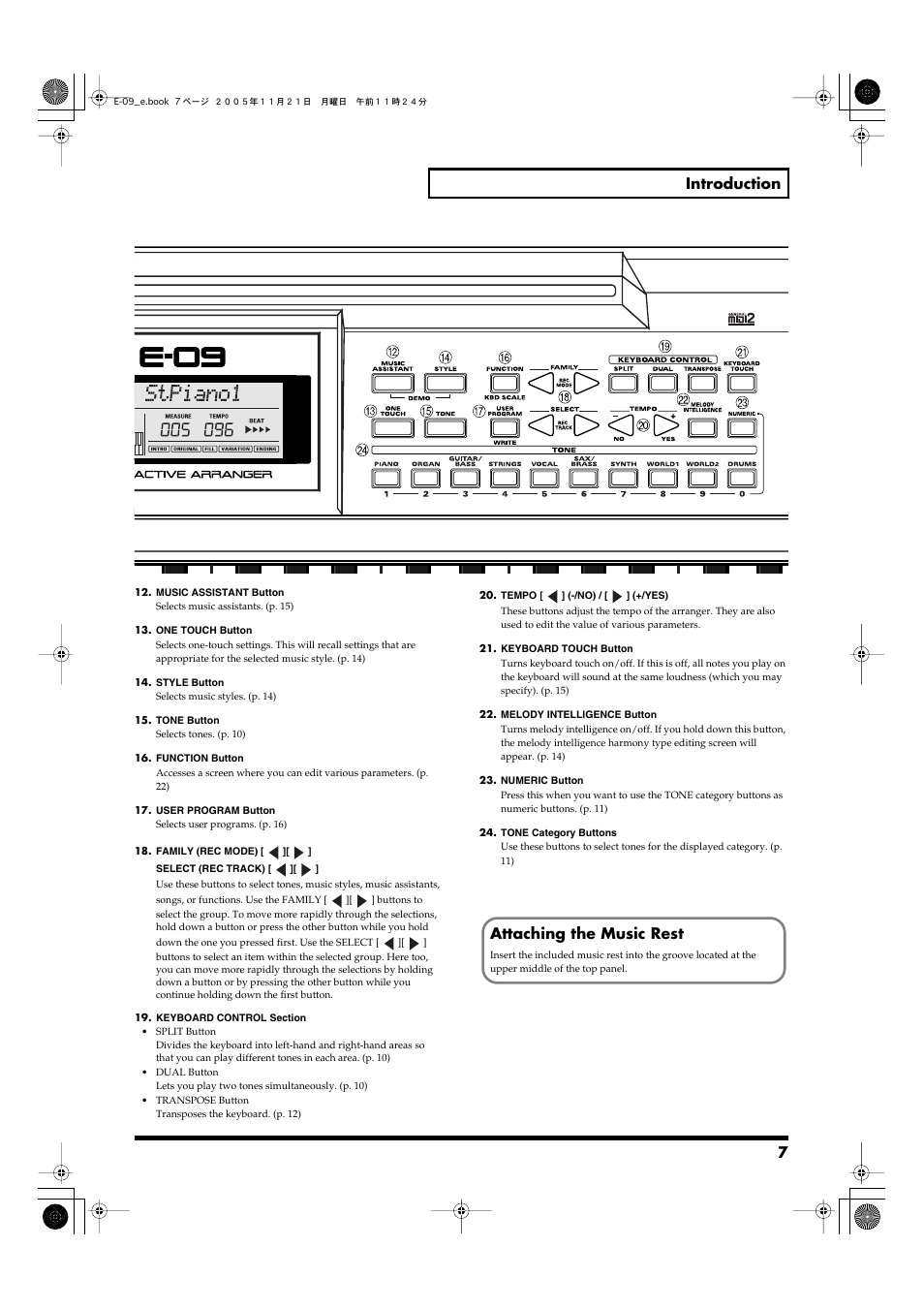 7 introduction, Attaching the music rest | Roland E-09 User Manual | Page 7 / 52