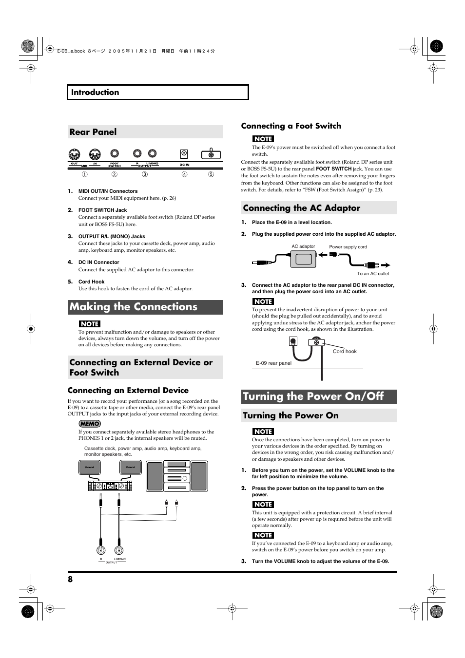 Rear panel, Making the connections, Connecting an external device or foot switch | Connecting the ac adaptor, Turning the power on/off, Turning the power on, Turns the power on/off. (p. 8), 8 introduction, Connecting an external device, Connecting a foot switch | Roland E-09 User Manual | Page 8 / 52