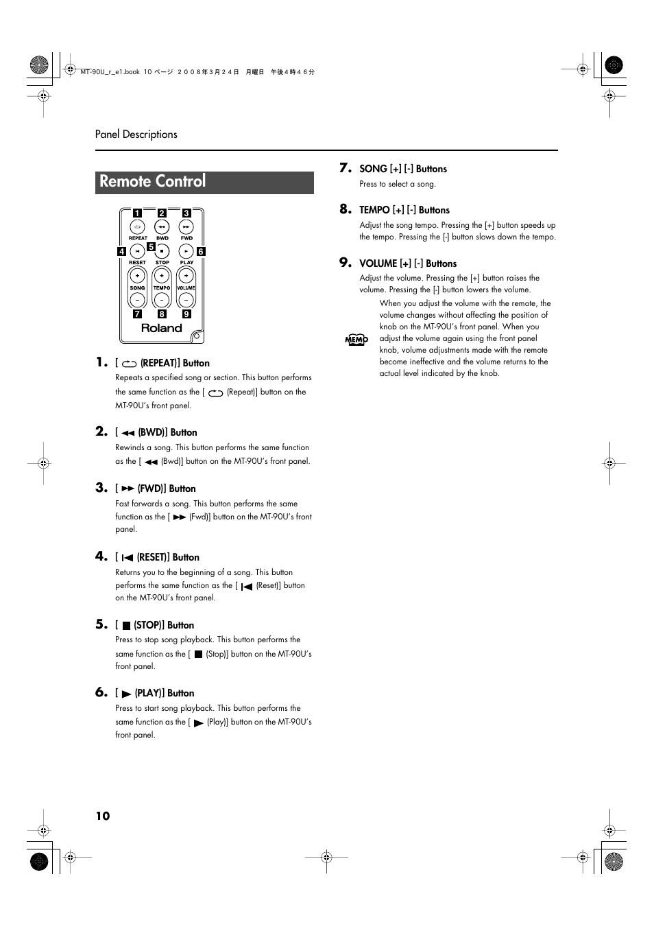Remote control | Roland MT-90U User Manual | Page 10 / 72