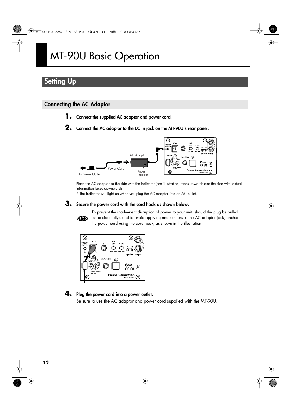 Mt-90u basic operation, Setting up, Connecting the ac adaptor | Connect the supplied ac adaptor here (p. 12) | Roland MT-90U User Manual | Page 12 / 72