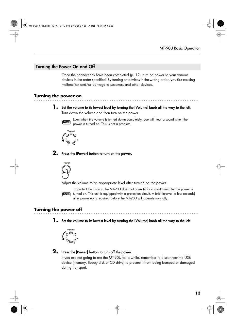 Turning the power on and off, Turn the power on and off (p. 13) | Roland MT-90U User Manual | Page 13 / 72