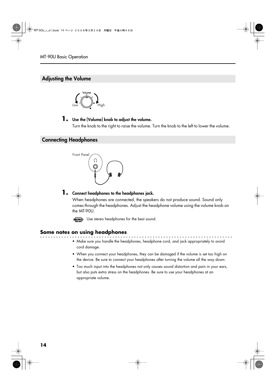 Adjusting the volume connecting headphones, Adjust the volume level (p. 14) | Roland MT-90U User Manual | Page 14 / 72