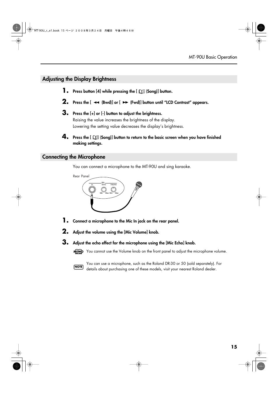P. 15), Adjusts the microphone volume (p. 15) | Roland MT-90U User Manual | Page 15 / 72