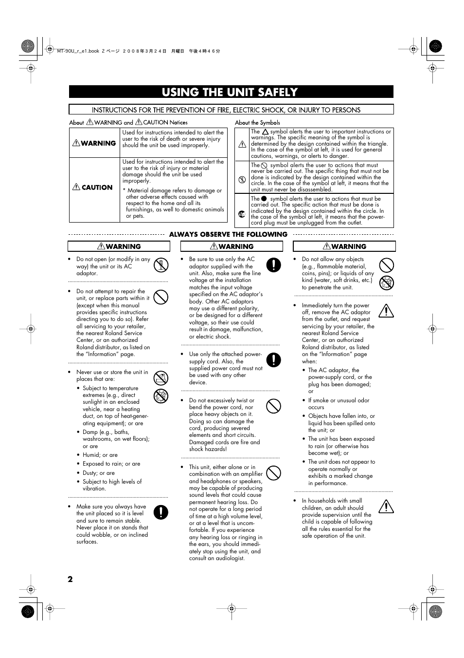 Using the unit safely | Roland MT-90U User Manual | Page 2 / 72