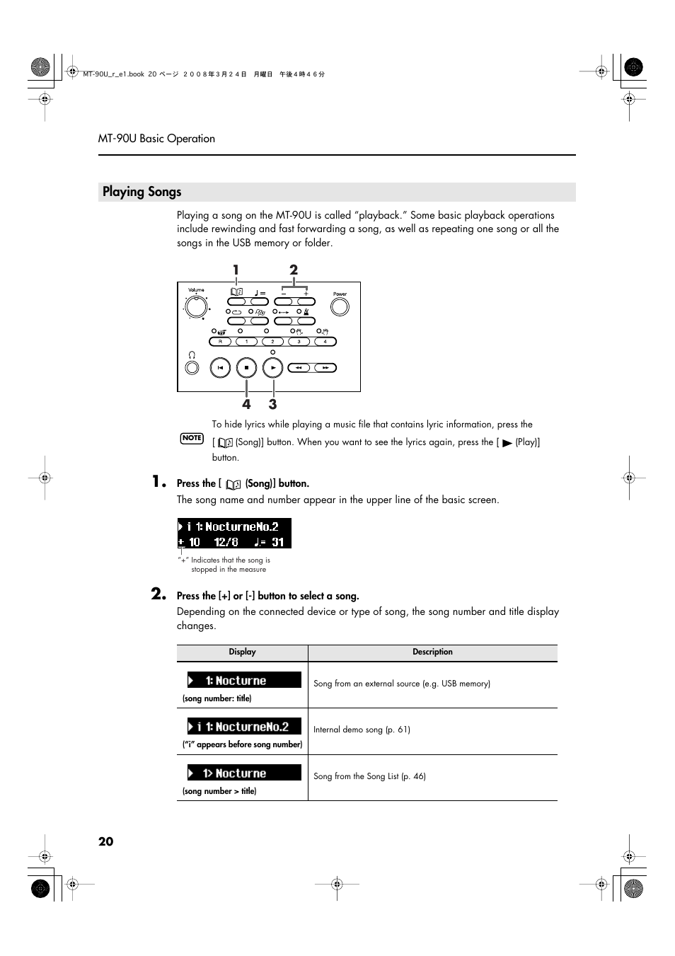 Playing songs | Roland MT-90U User Manual | Page 20 / 72
