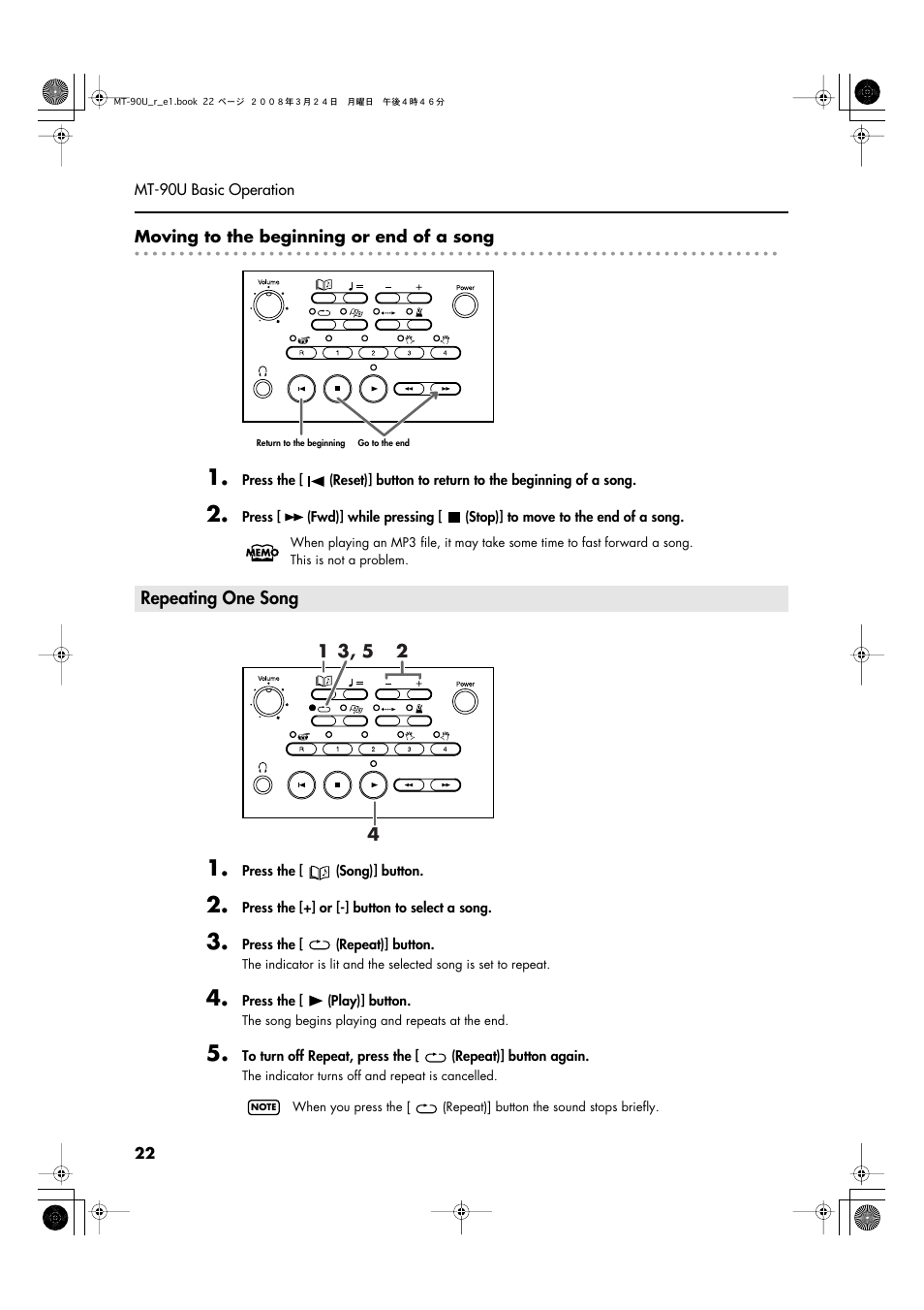 Repeating one song | Roland MT-90U User Manual | Page 22 / 72